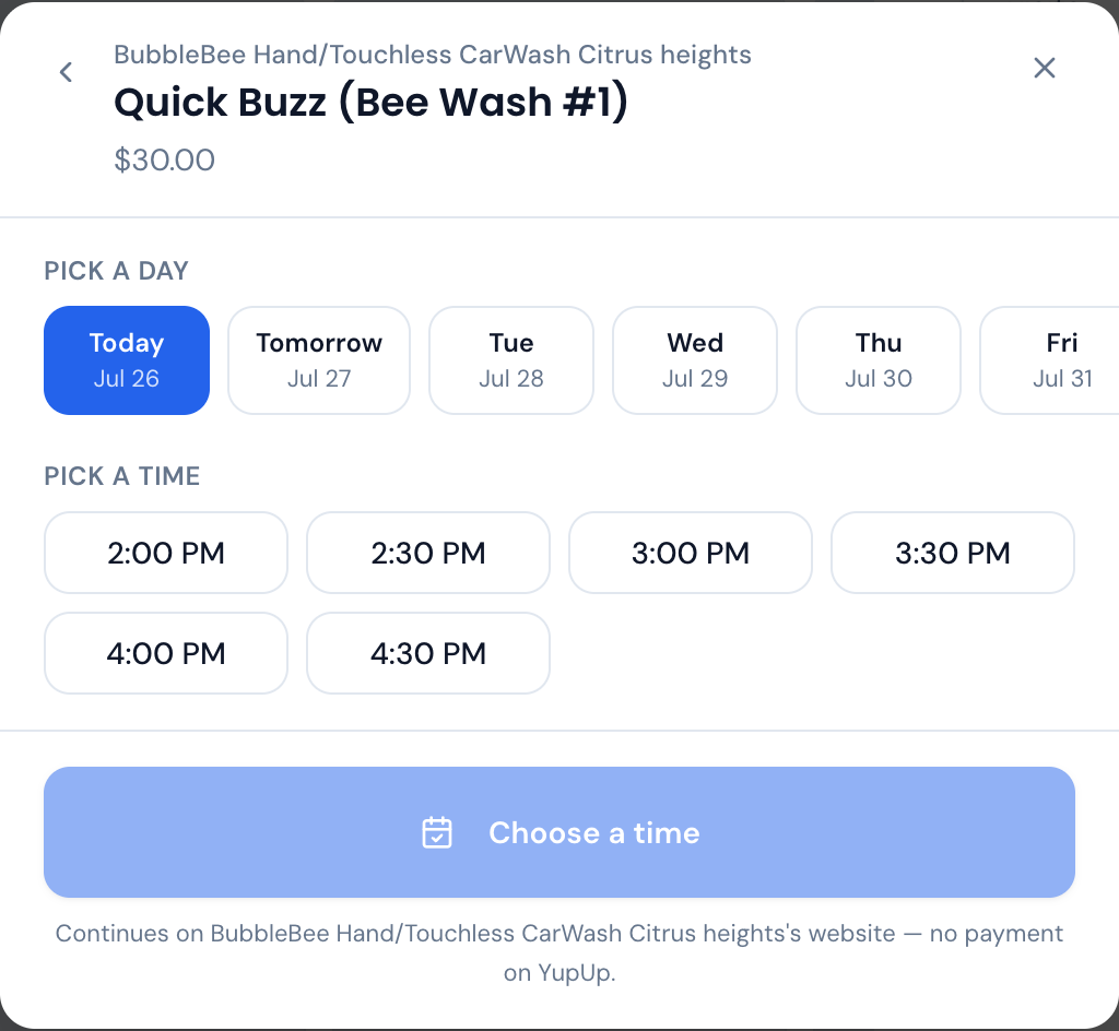 Booking modal with day and time selection