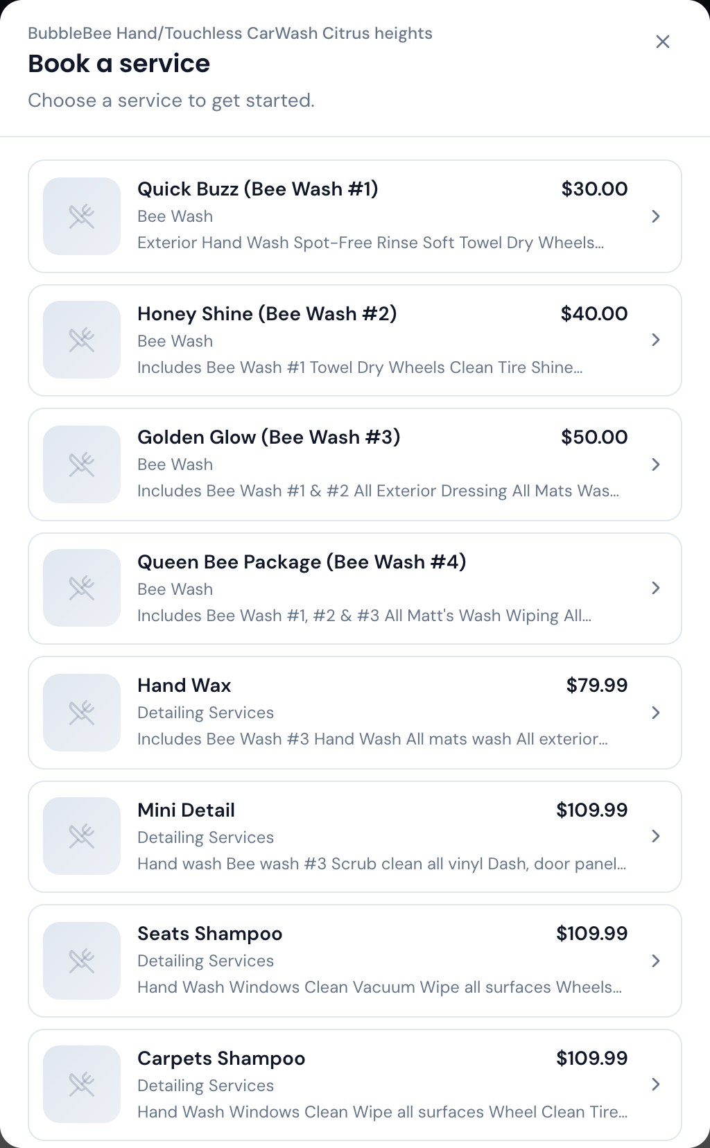Booking modal listing the business's services with prices