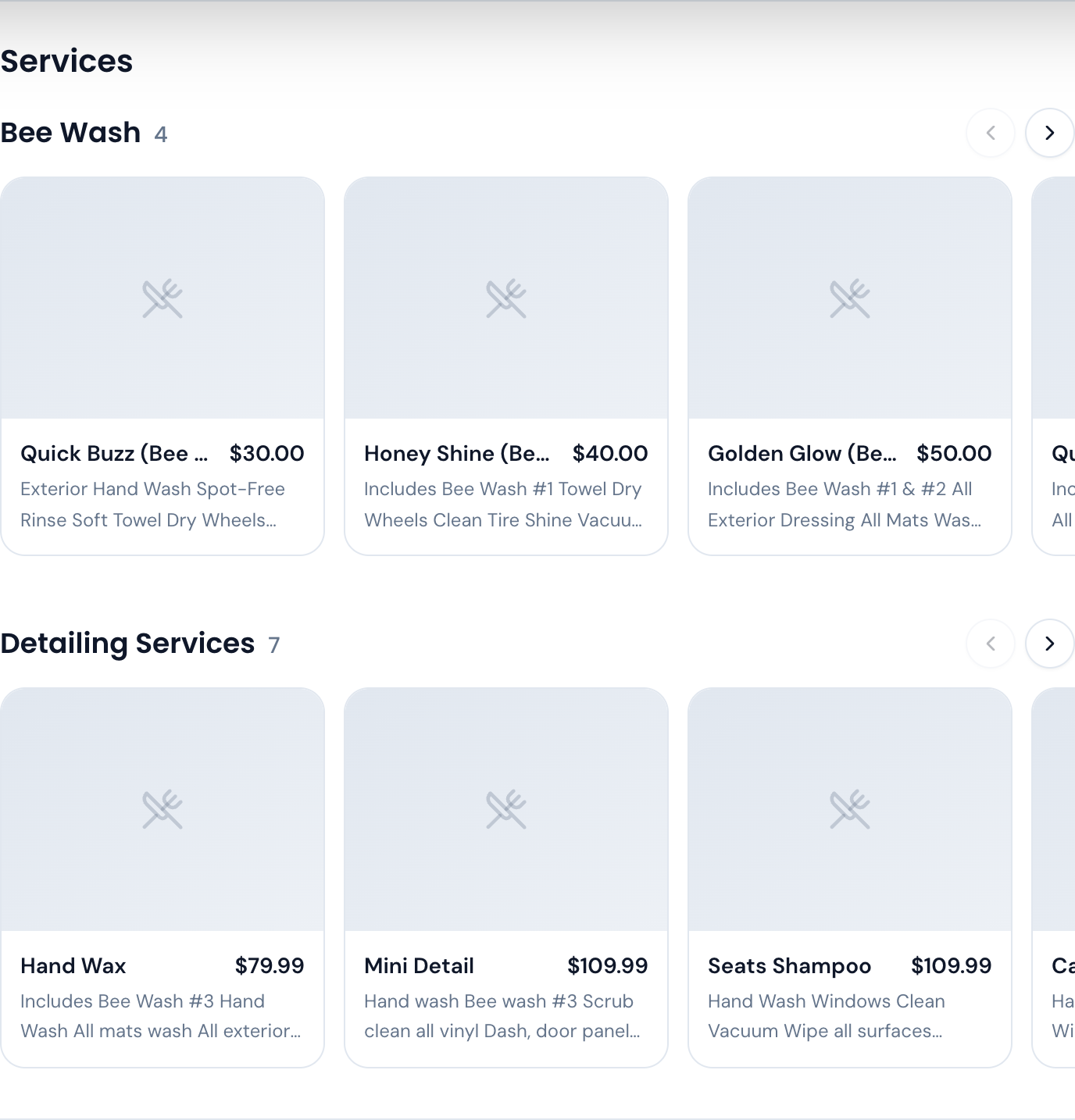 Services section of a YupUp listing showing wash packages and detailing services